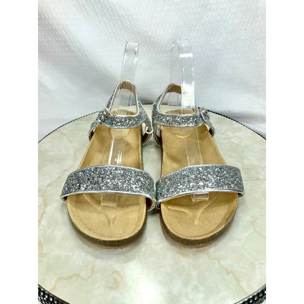 Crewcuts Glitter Two Strap Buckle Sandals Kids 5 Silver Sparkle Comfy Shoes NEW